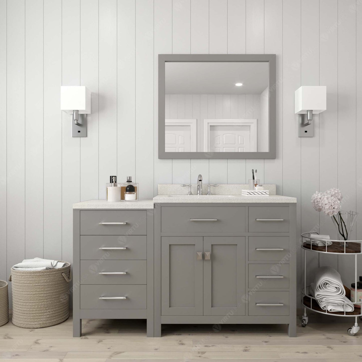 Caroline Parkway 57" Right Single Bath Vanity in Gray with White Quartz Top and Round Sink