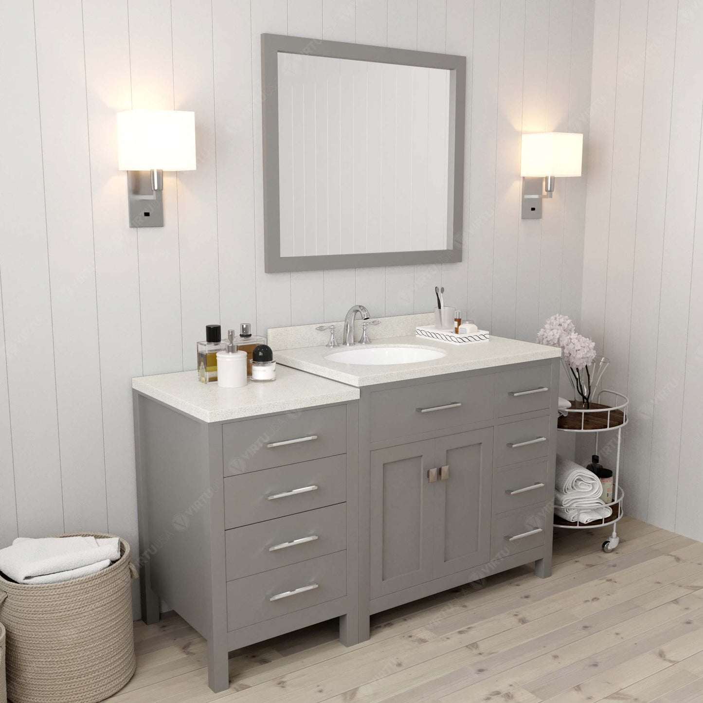 Caroline Parkway 57" Right Single Bath Vanity in Gray with White Quartz Top and Round Sink