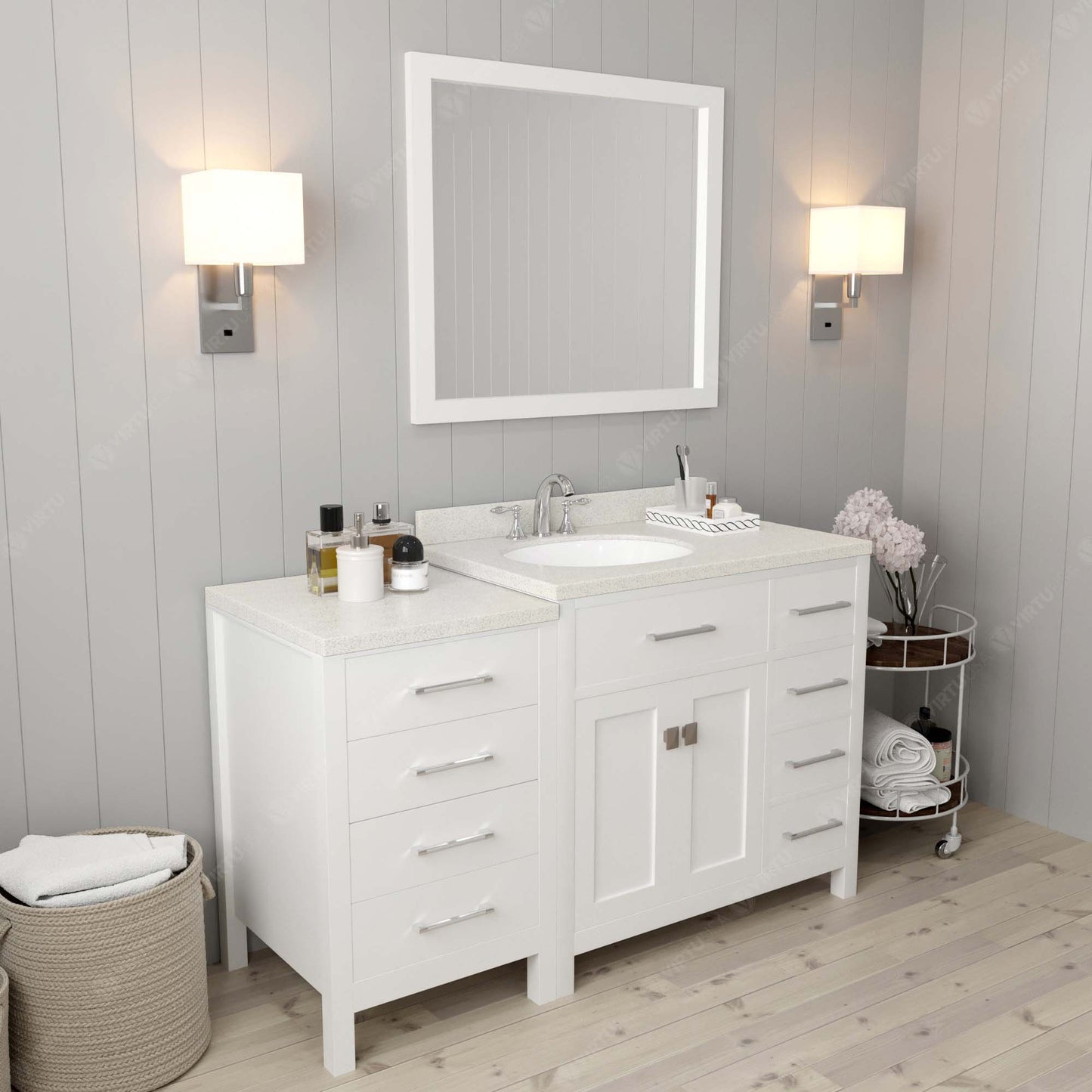 Caroline Parkway 57" Right Single Bath Vanity in White with White Quartz Top and Round Sink
