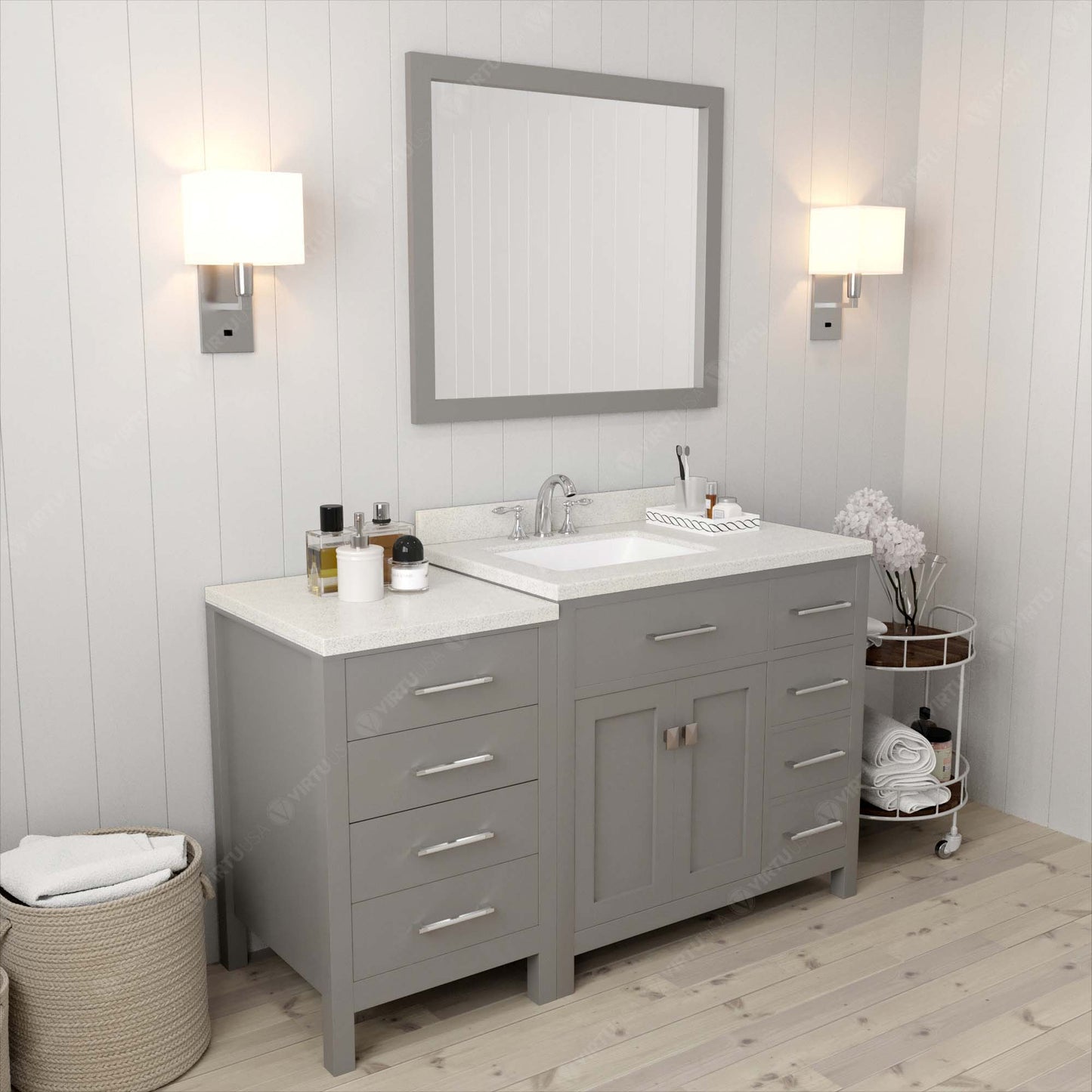 Caroline Parkway 57" Right Single Bath Vanity in Gray with White Quartz Top and Square Sink