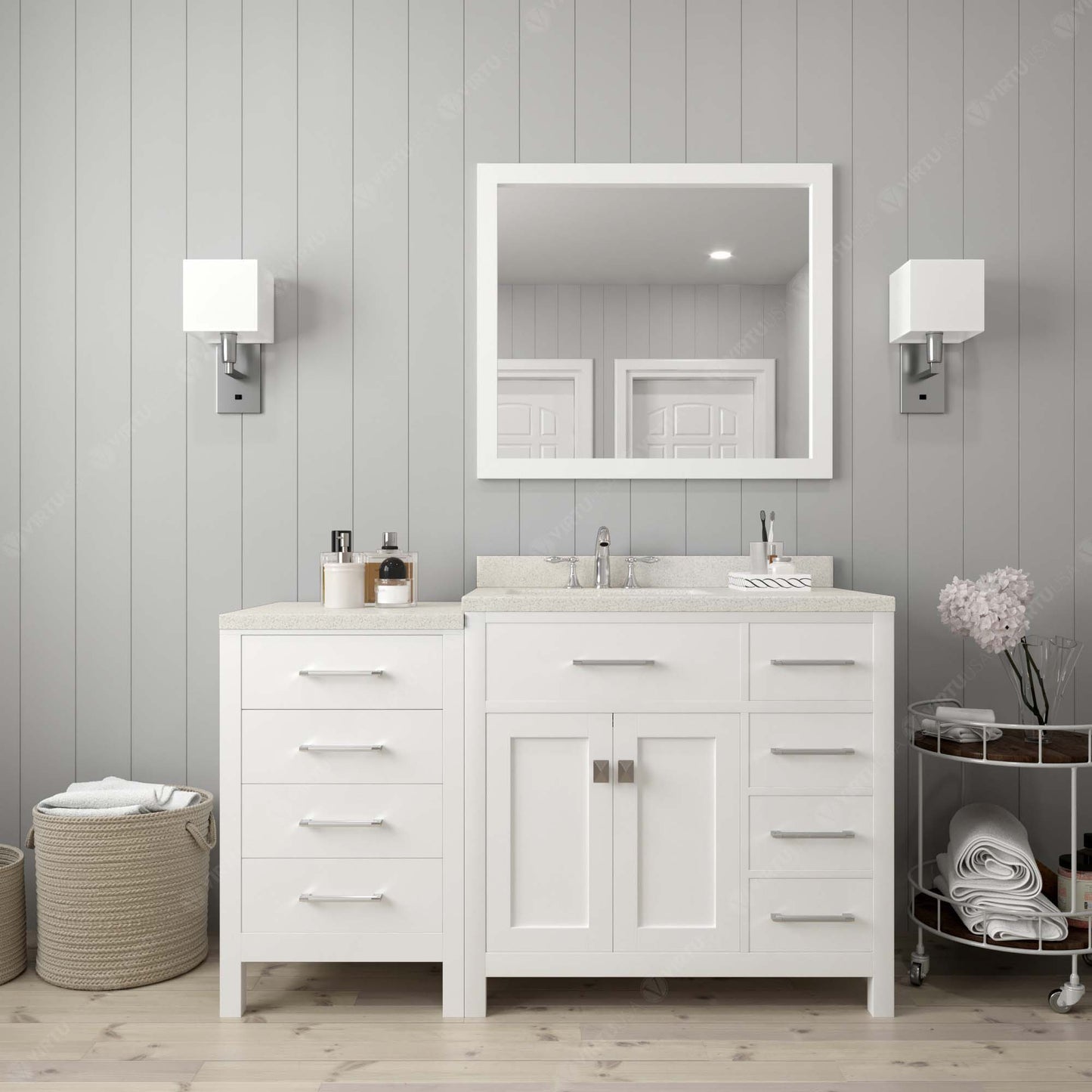 Caroline Parkway 57" Right Single Bath Vanity in White with White Quartz Top and Square Sink