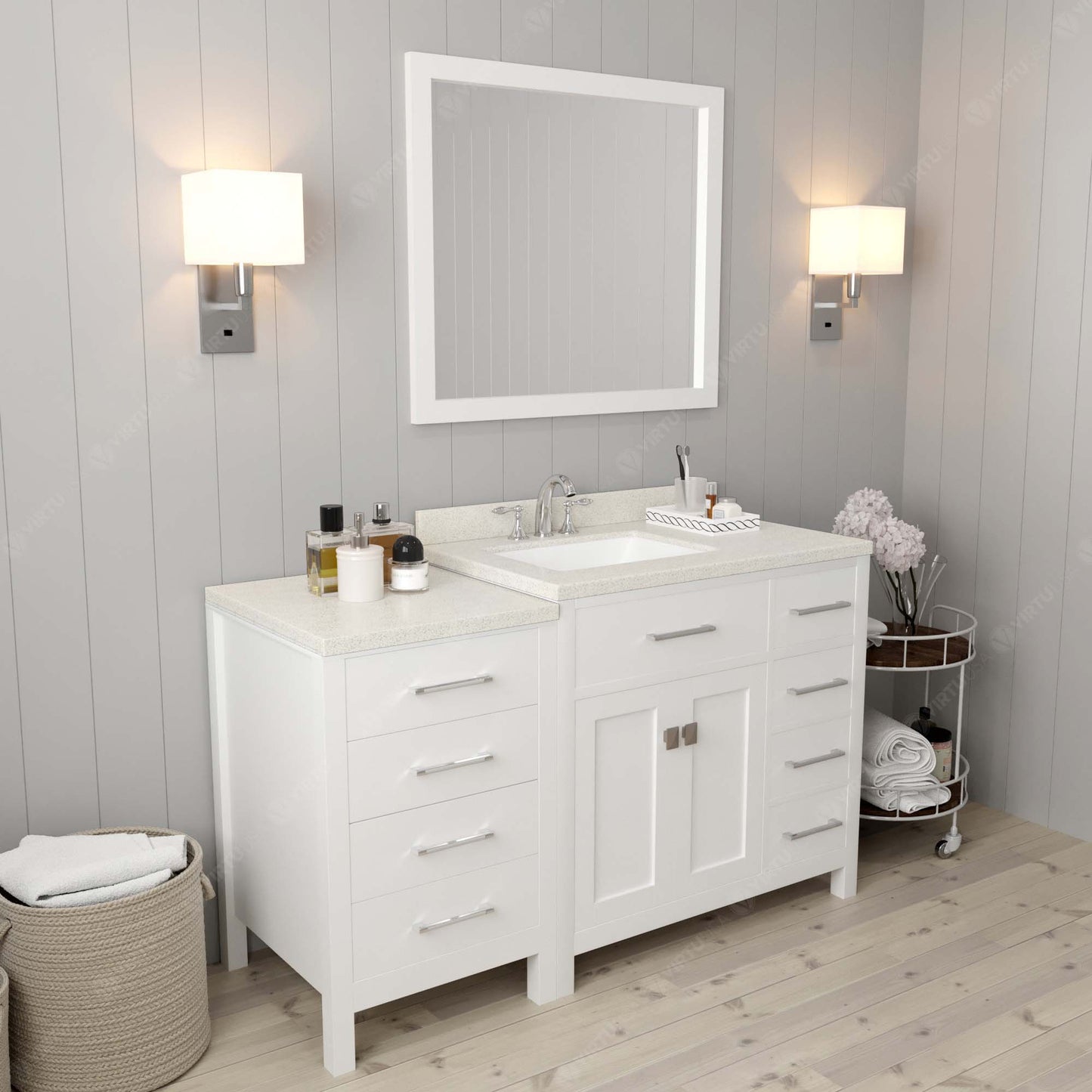 Caroline Parkway 57" Right Single Bath Vanity in White with White Quartz Top and Square Sink