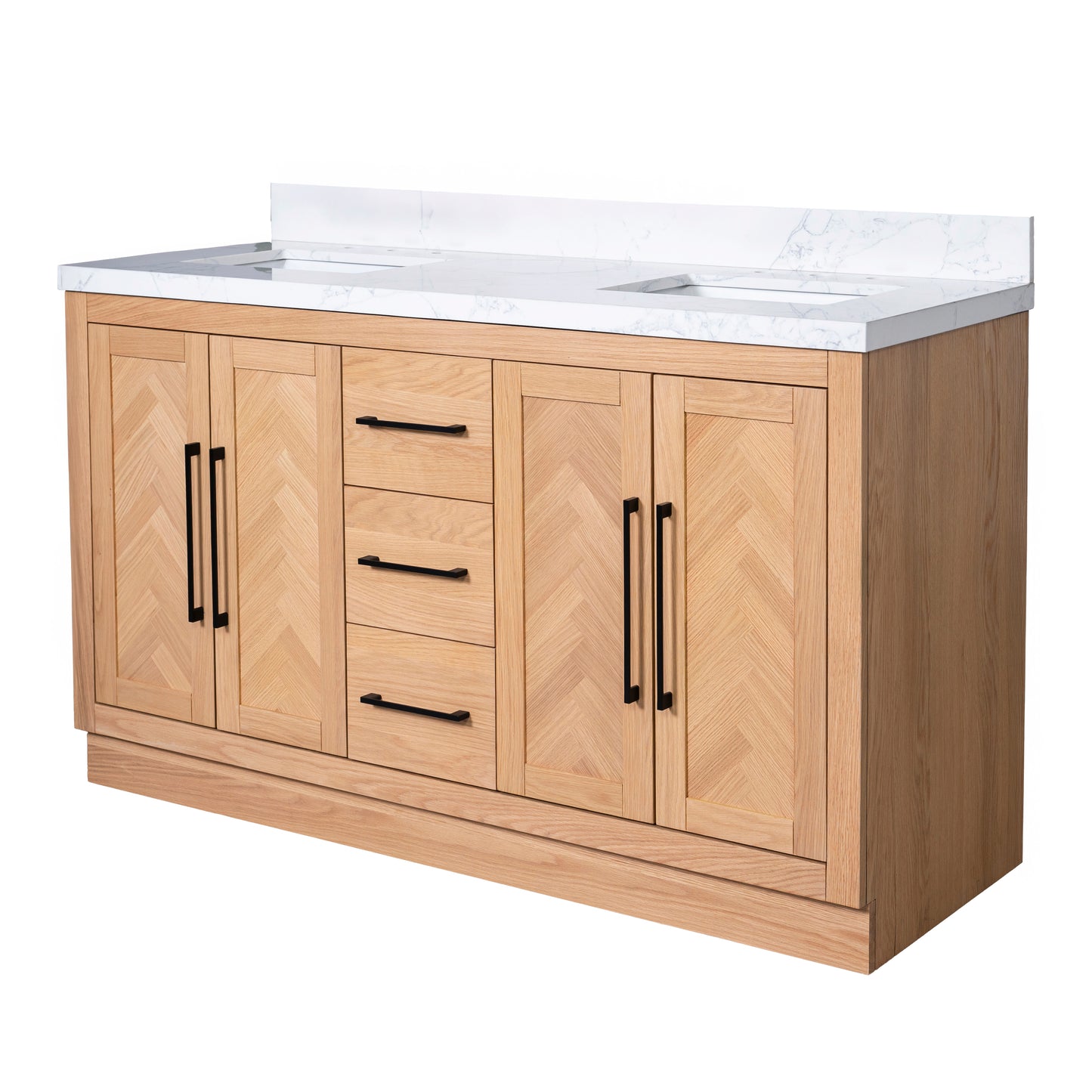 Vivian 60" Double Vanity with Square Sinks and Statuario Venato Marble Quartz Top in Light Oak