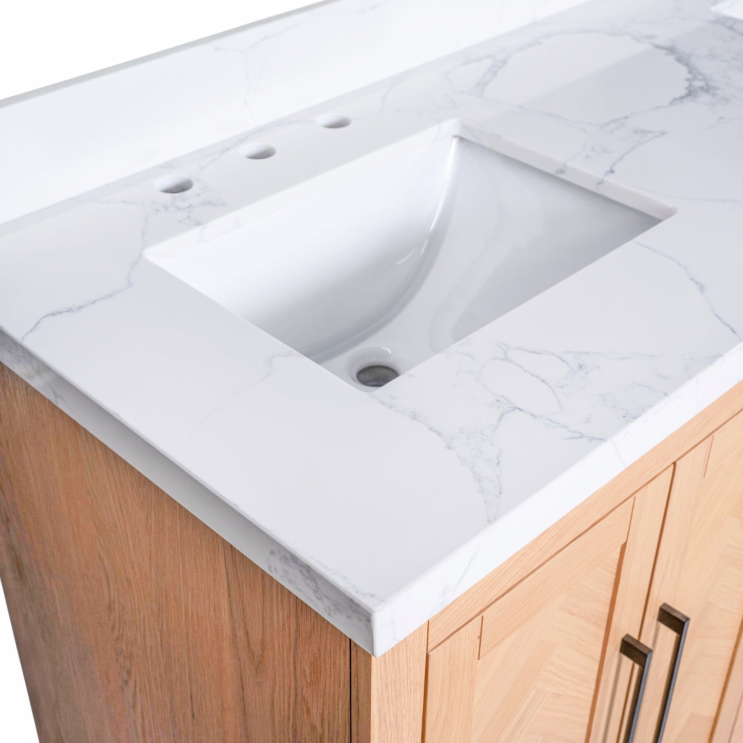 Vivian 60" Double Vanity with Square Sinks and Statuario Venato Marble Quartz Top in Light Oak
