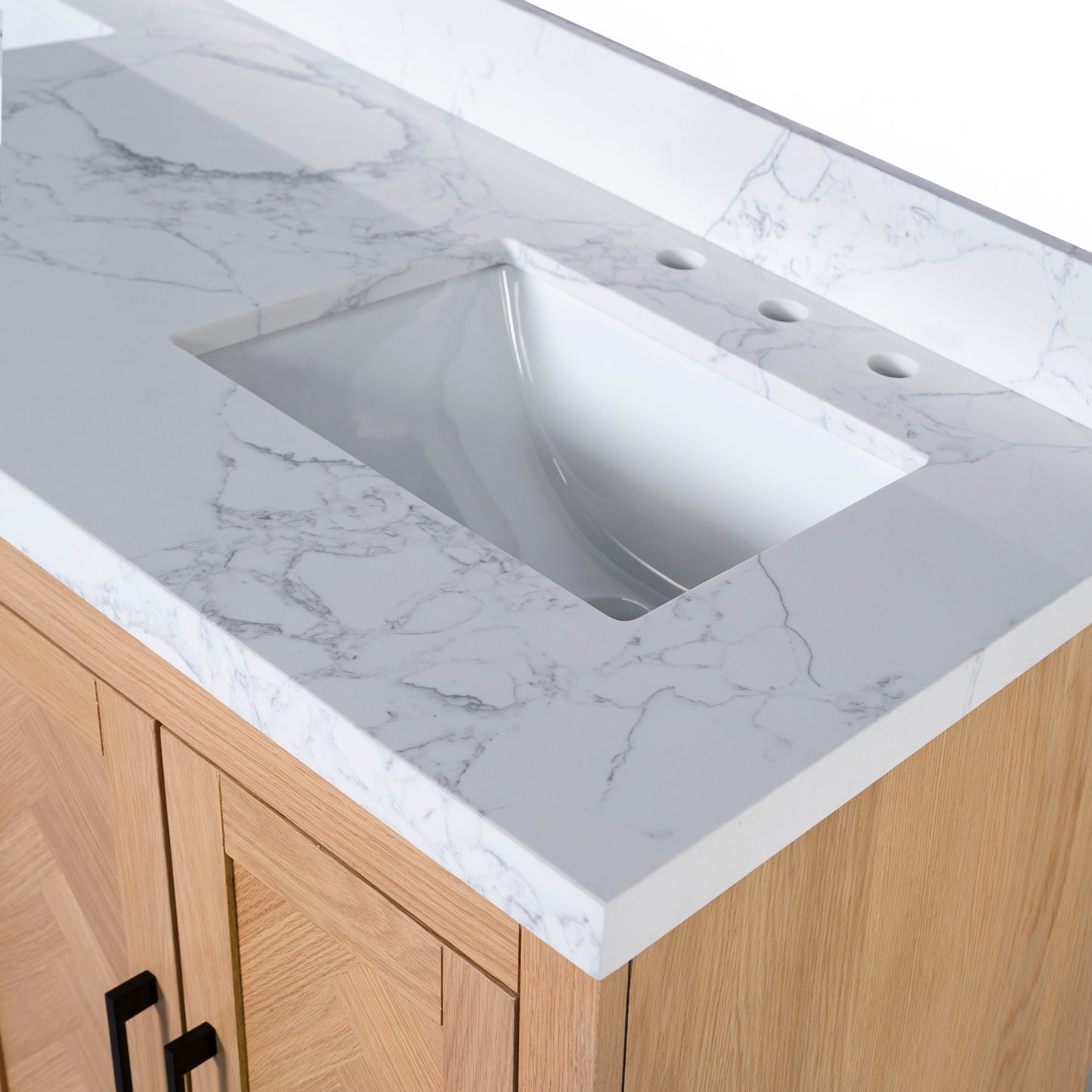 Vivian 60" Double Vanity with Square Sinks and Statuario Venato Marble Quartz Top in Light Oak