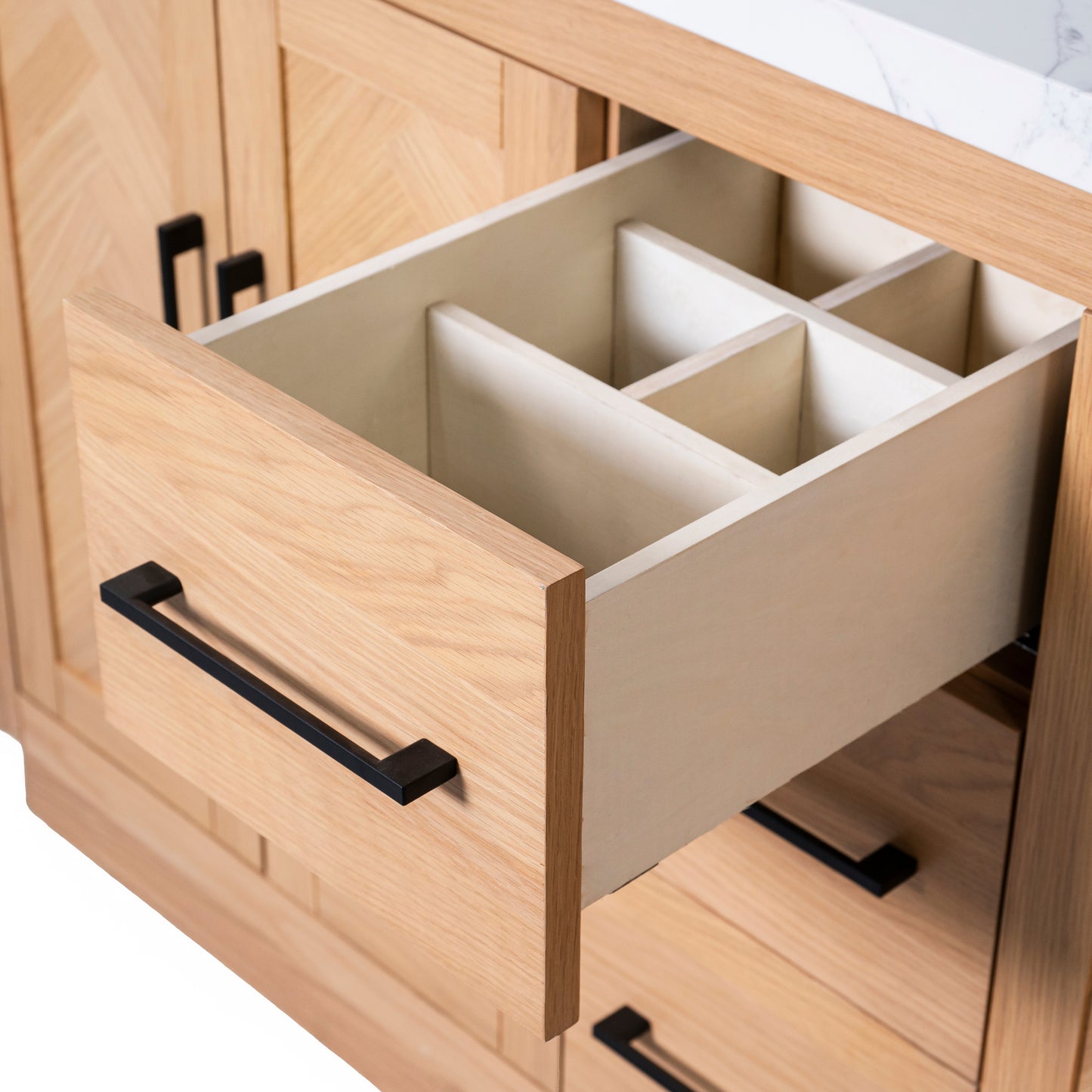 Vivian 60" Double Vanity with Square Sinks and Statuario Venato Marble Quartz Top in Light Oak