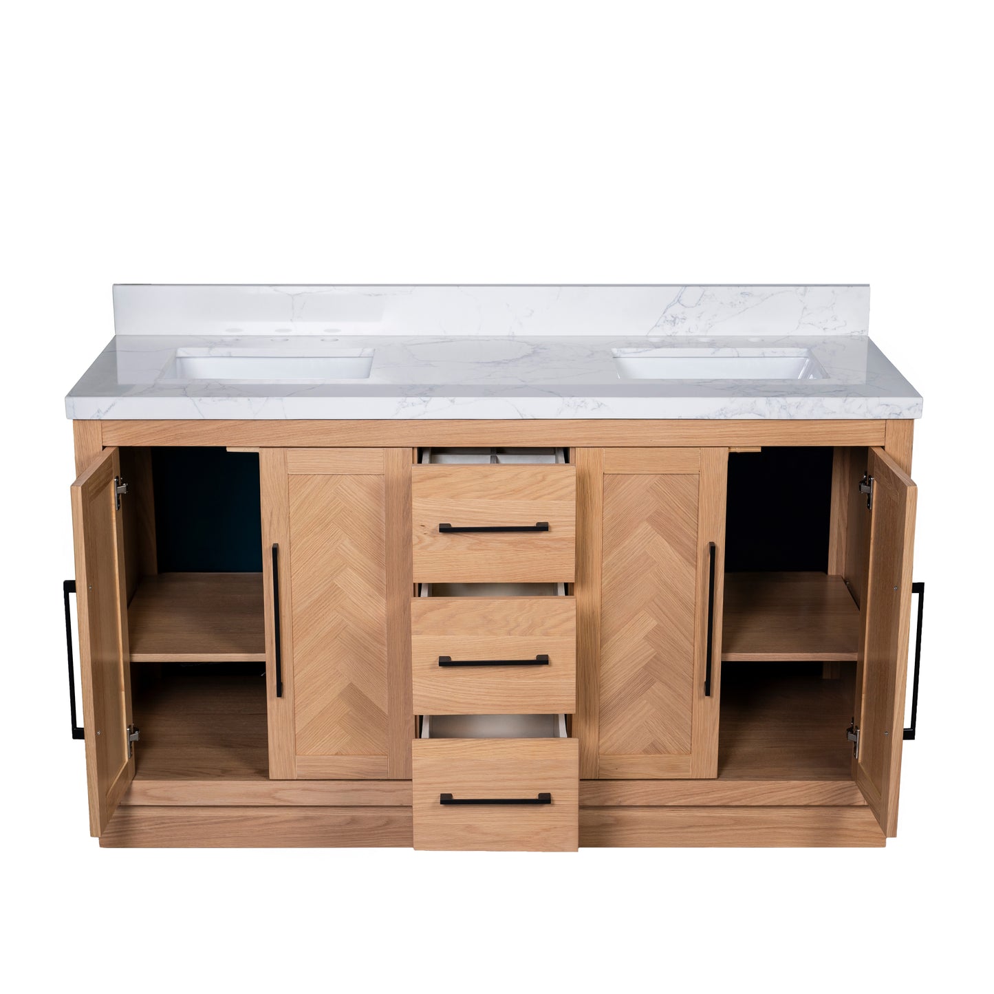 Vivian 60" Double Vanity with Square Sinks and Statuario Venato Marble Quartz Top in Light Oak