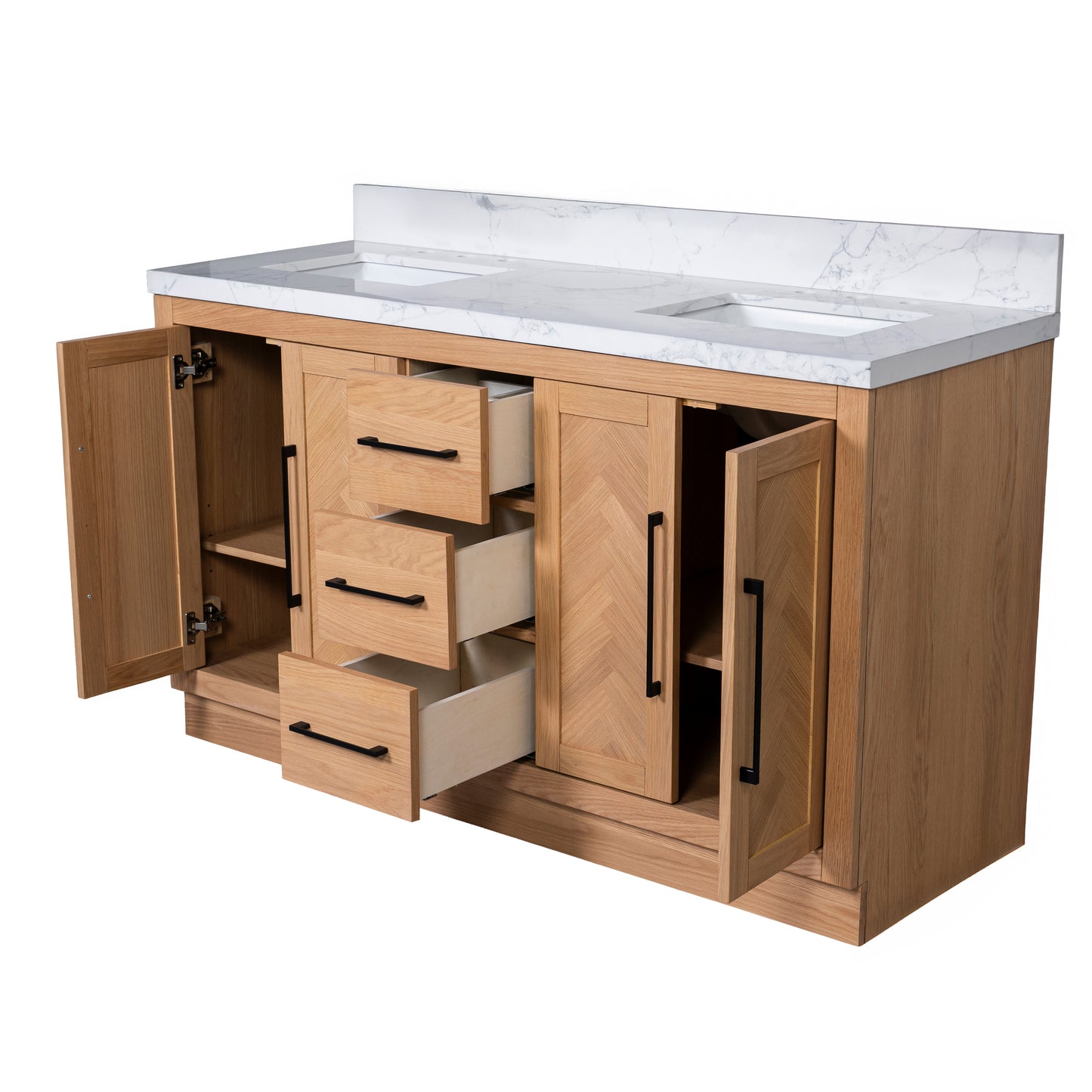 Vivian 60" Double Vanity with Square Sinks and Statuario Venato Marble Quartz Top in Light Oak