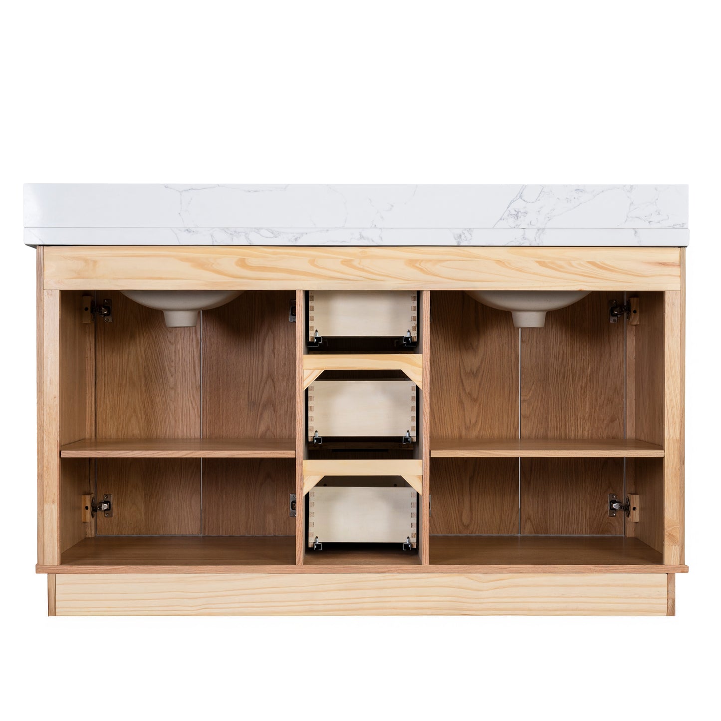 Kathryn 60" Double Vanity Cabinet with Square Sinks and Statuario Venato Marble Quartz Top in Light Oak