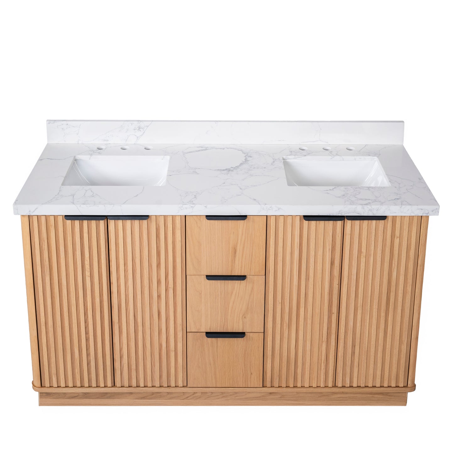 Kathryn 60" Double Vanity Cabinet with Square Sinks and Statuario Venato Marble Quartz Top in Light Oak