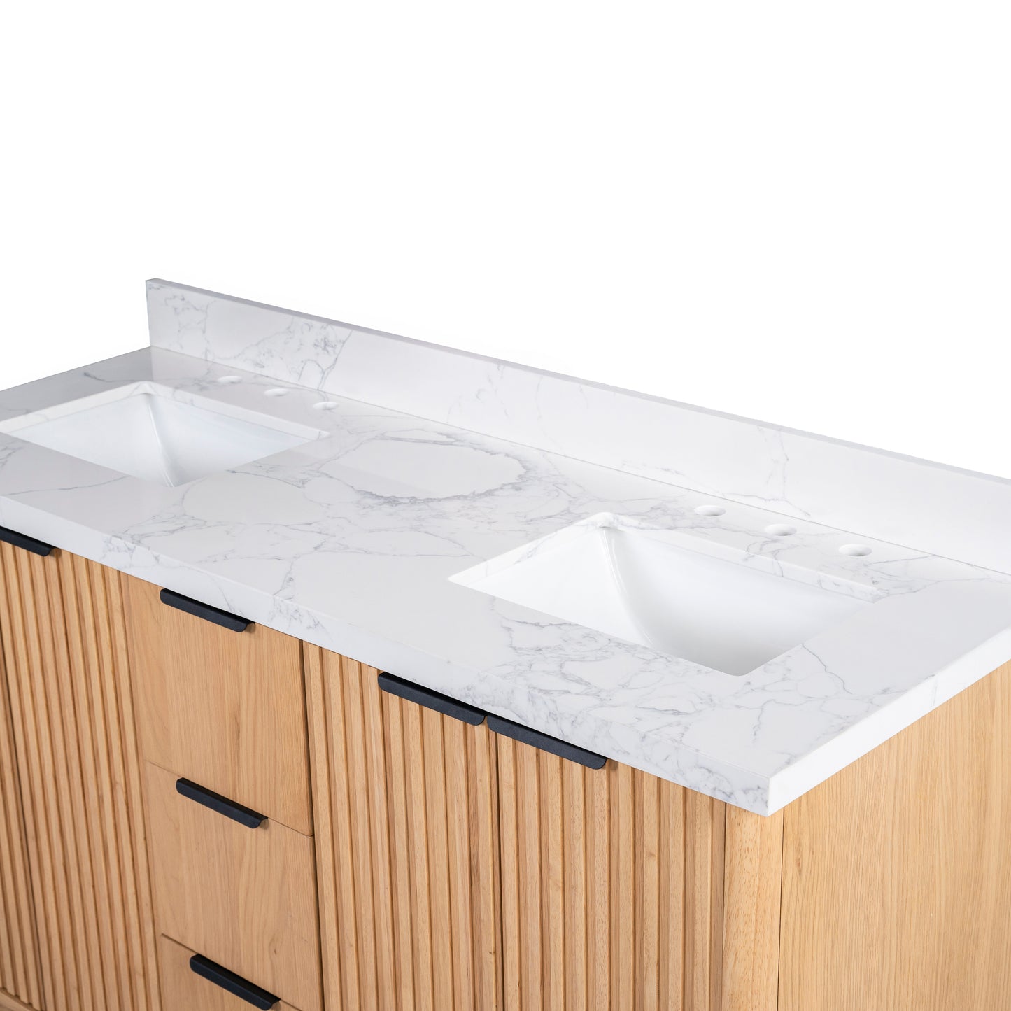 Kathryn 60" Double Vanity Cabinet with Square Sinks and Statuario Venato Marble Quartz Top in Light Oak