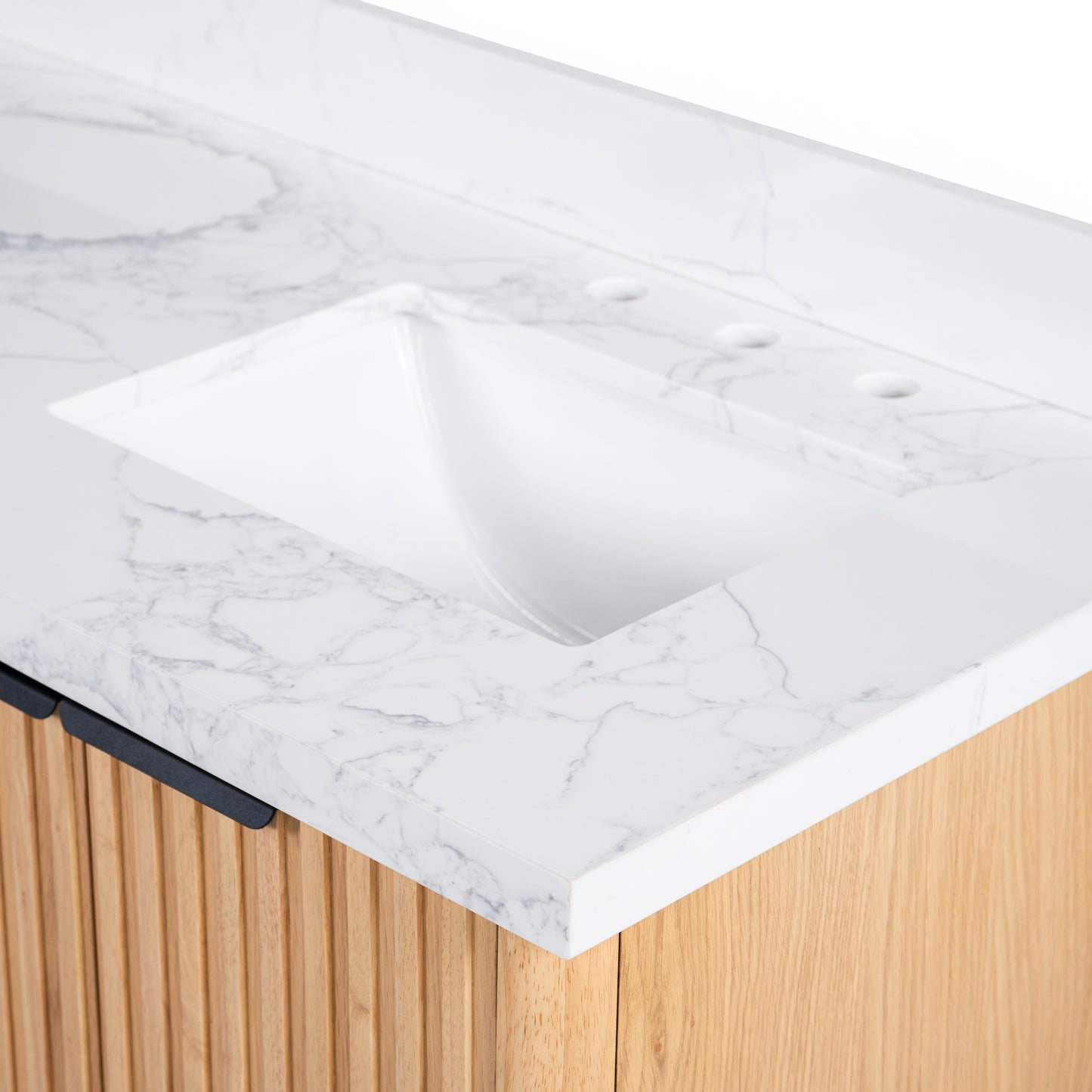 Kathryn 60" Double Vanity Cabinet with Square Sinks and Statuario Venato Marble Quartz Top in Light Oak