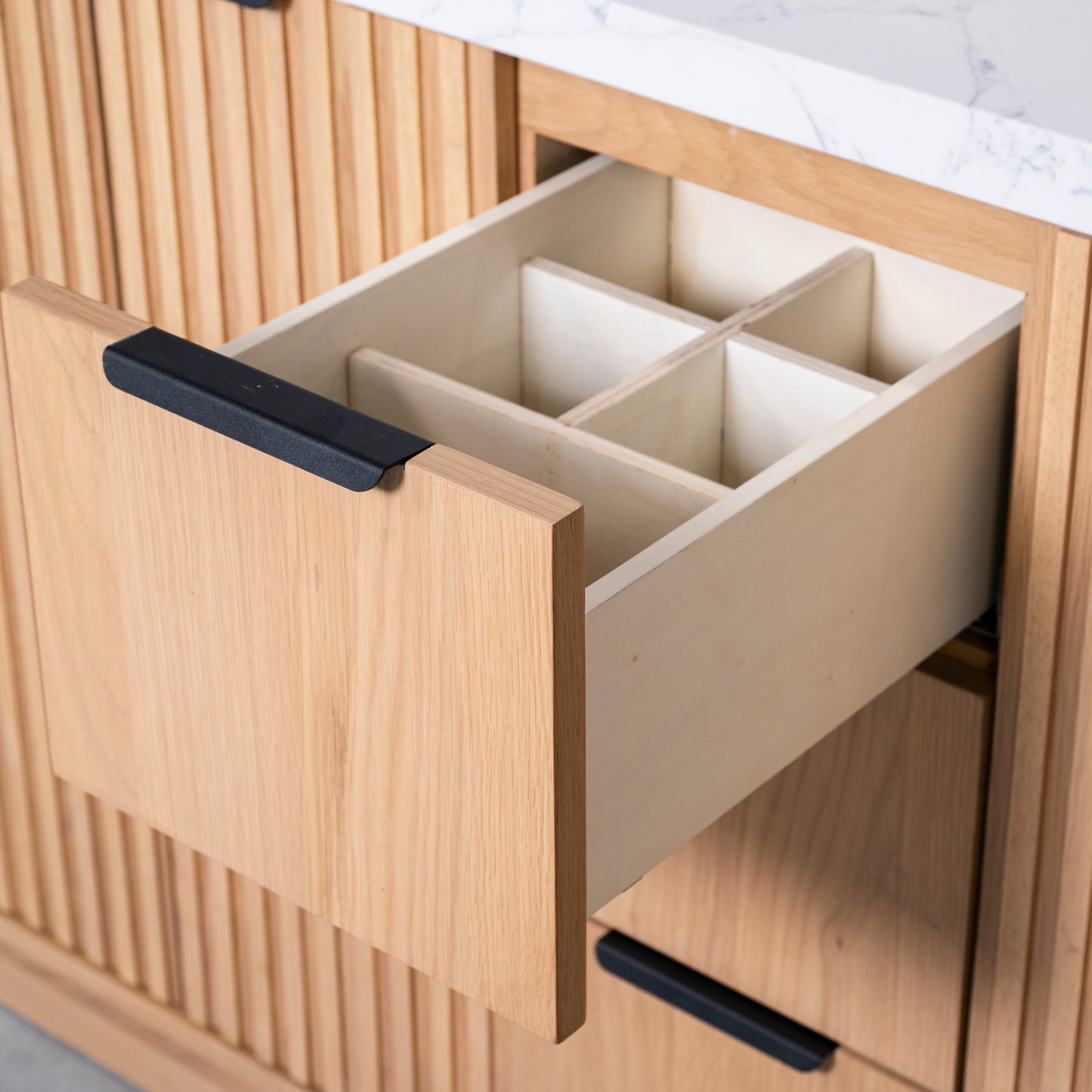 Kathryn 60" Double Vanity Cabinet with Square Sinks and Statuario Venato Marble Quartz Top in Light Oak