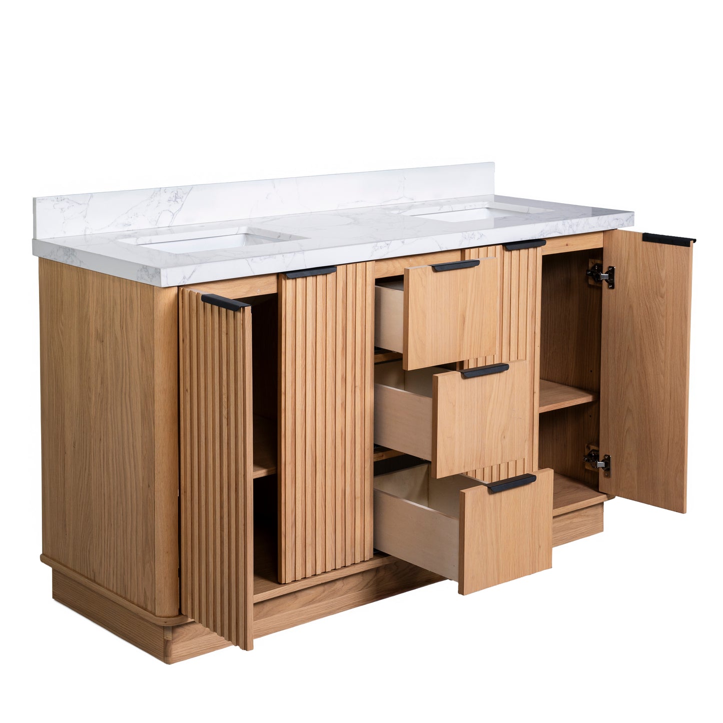Kathryn 60" Double Vanity Cabinet with Square Sinks and Statuario Venato Marble Quartz Top in Light Oak