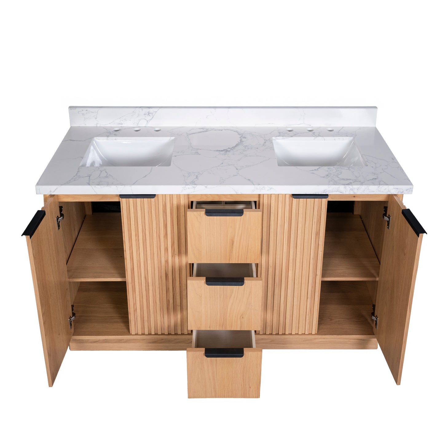Kathryn 60" Double Vanity Cabinet with Square Sinks and Statuario Venato Marble Quartz Top in Light Oak