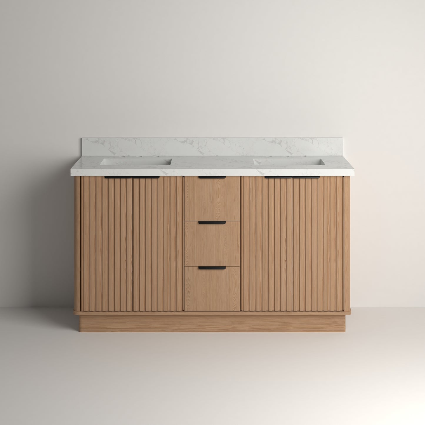 Kathryn 60" Double Vanity Cabinet with Square Sinks and Statuario Venato Marble Quartz Top in Light Oak