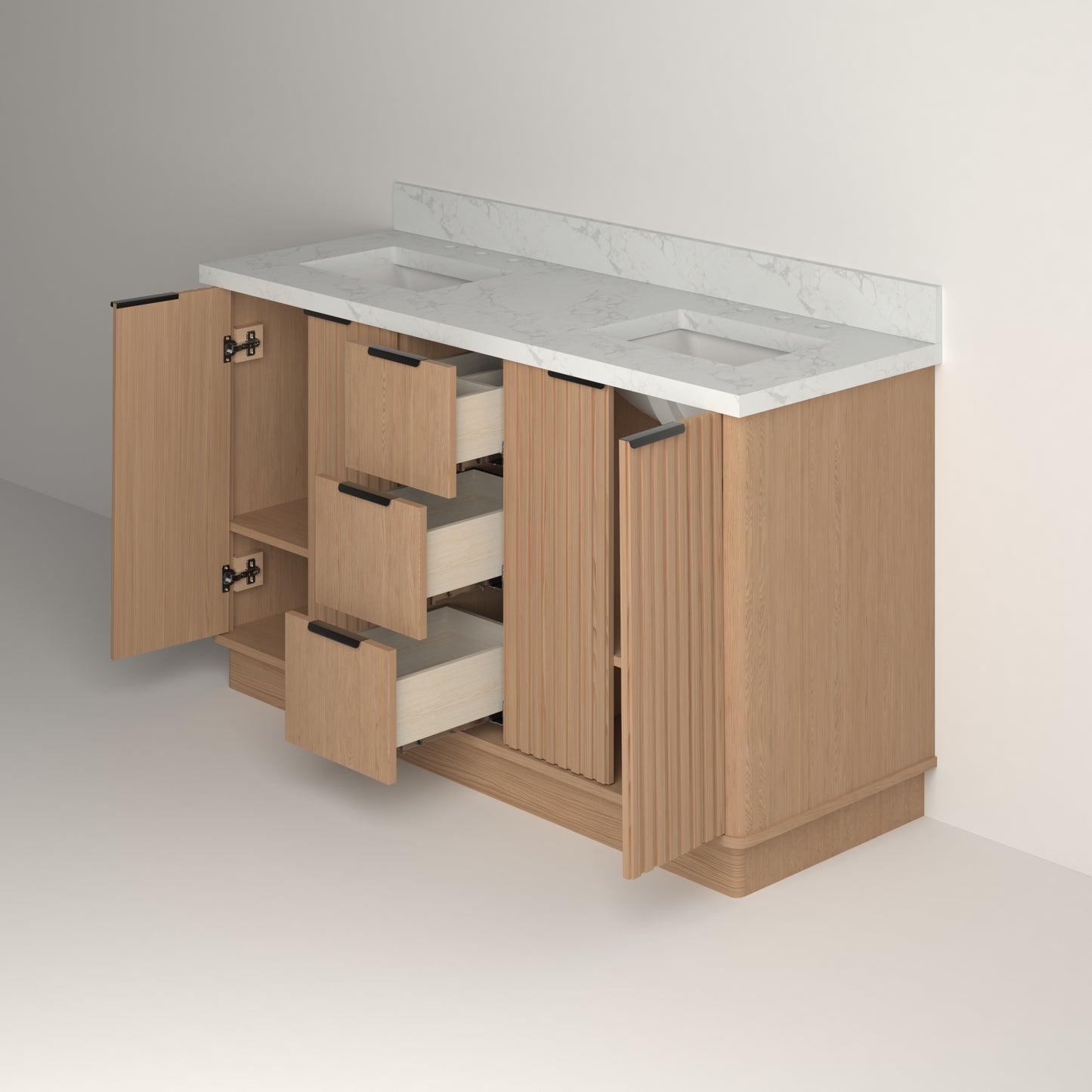 Kathryn 60" Double Vanity Cabinet with Square Sinks and Statuario Venato Marble Quartz Top in Light Oak