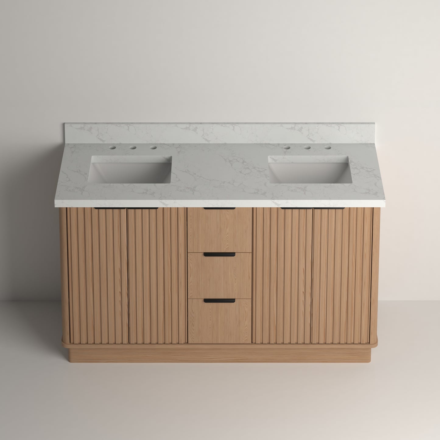 Kathryn 60" Double Vanity Cabinet with Square Sinks and Statuario Venato Marble Quartz Top in Light Oak