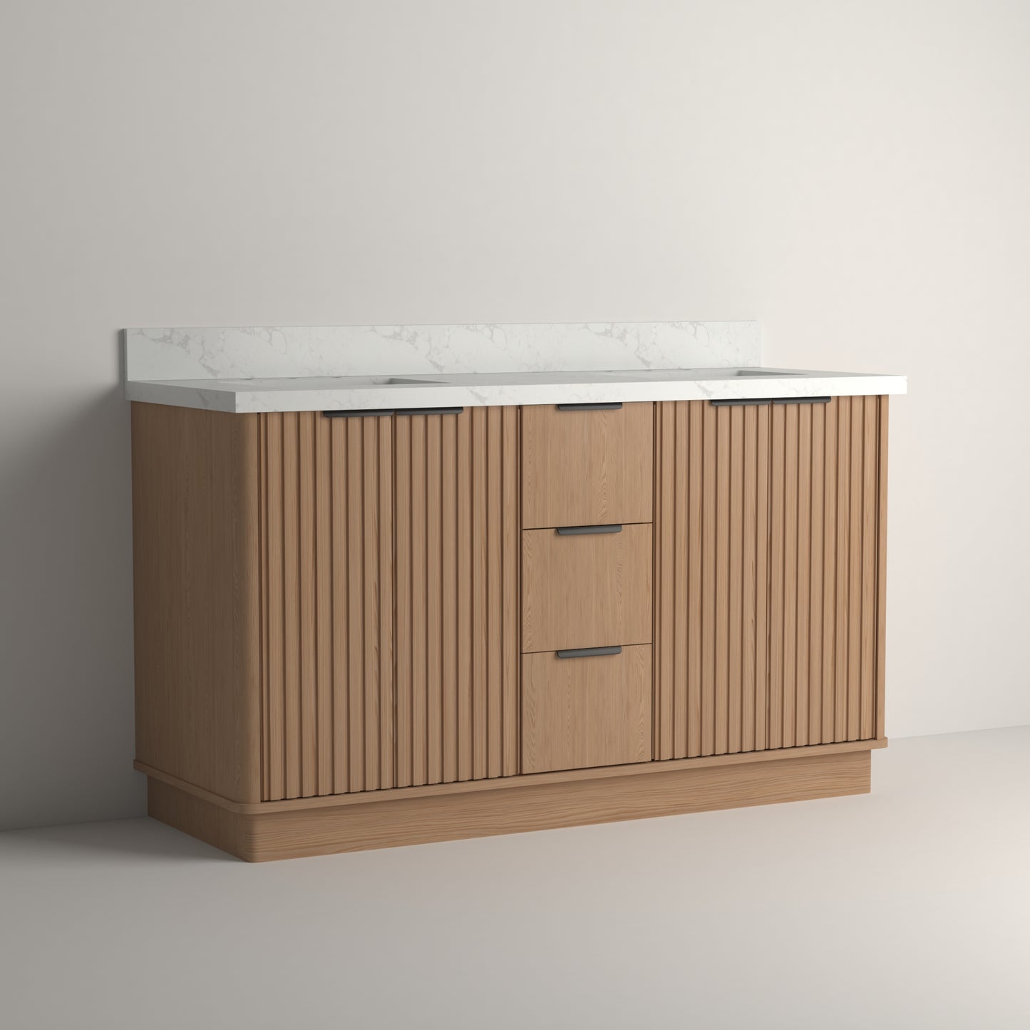 Kathryn 60" Double Vanity Cabinet with Square Sinks and Statuario Venato Marble Quartz Top in Light Oak