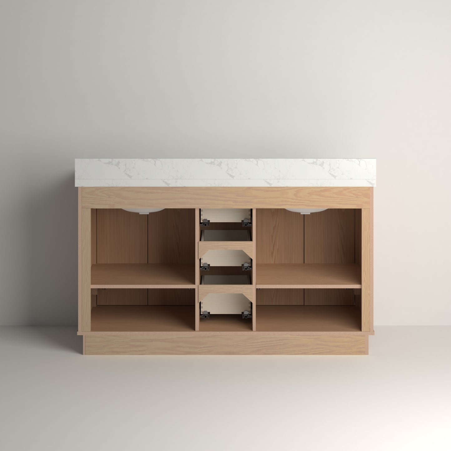 Kathryn 60" Double Vanity Cabinet with Square Sinks and Statuario Venato Marble Quartz Top in Light Oak