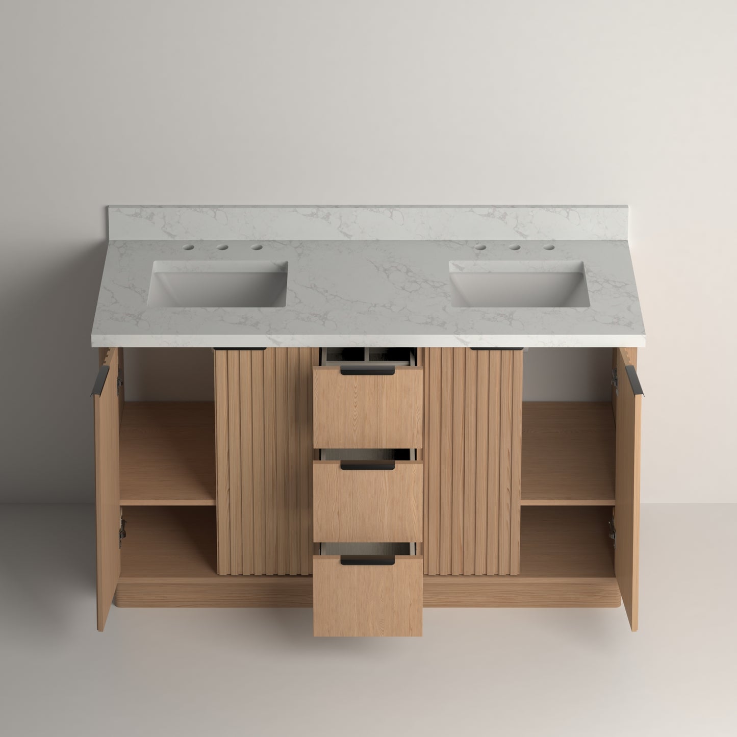 Kathryn 60" Double Vanity Cabinet with Square Sinks and Statuario Venato Marble Quartz Top in Light Oak