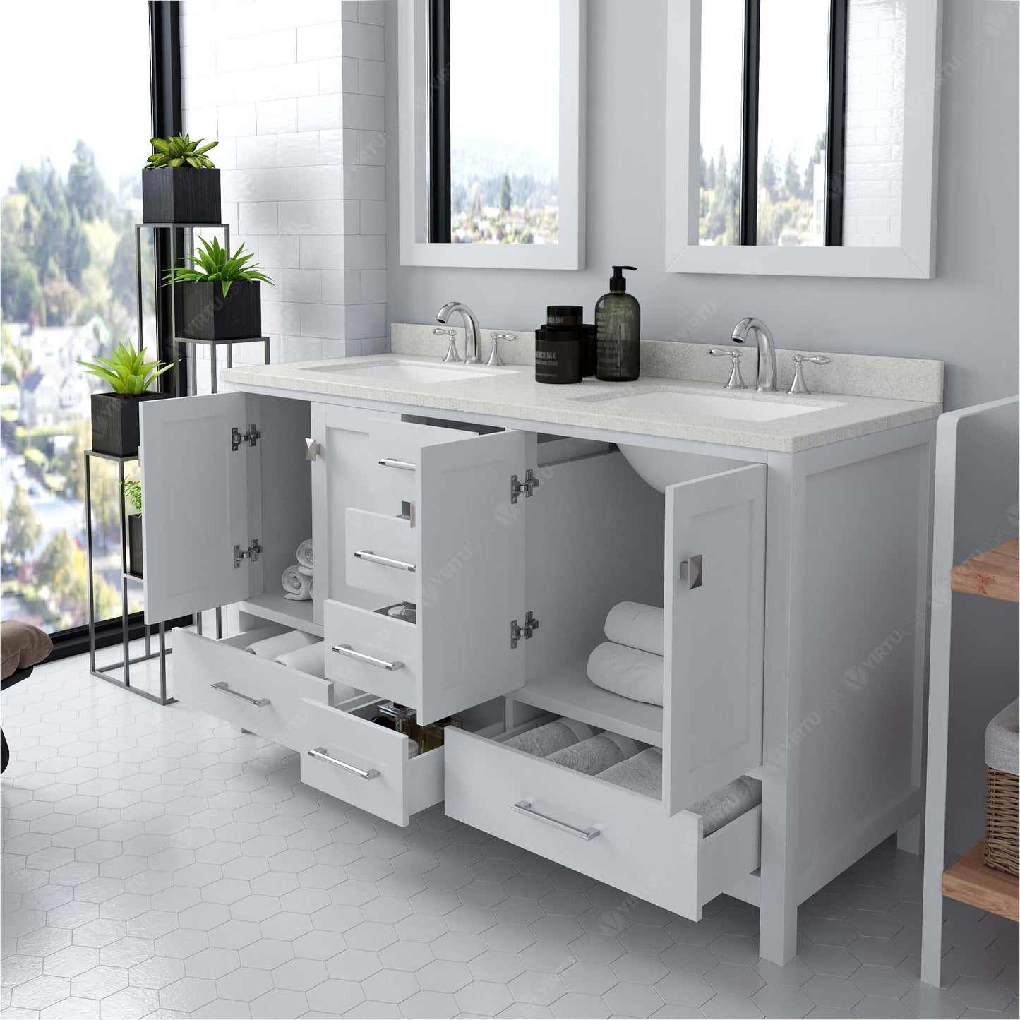 Caroline Avenue 60" Double Bath Vanity in White with White Quartz Top and Square Sinks