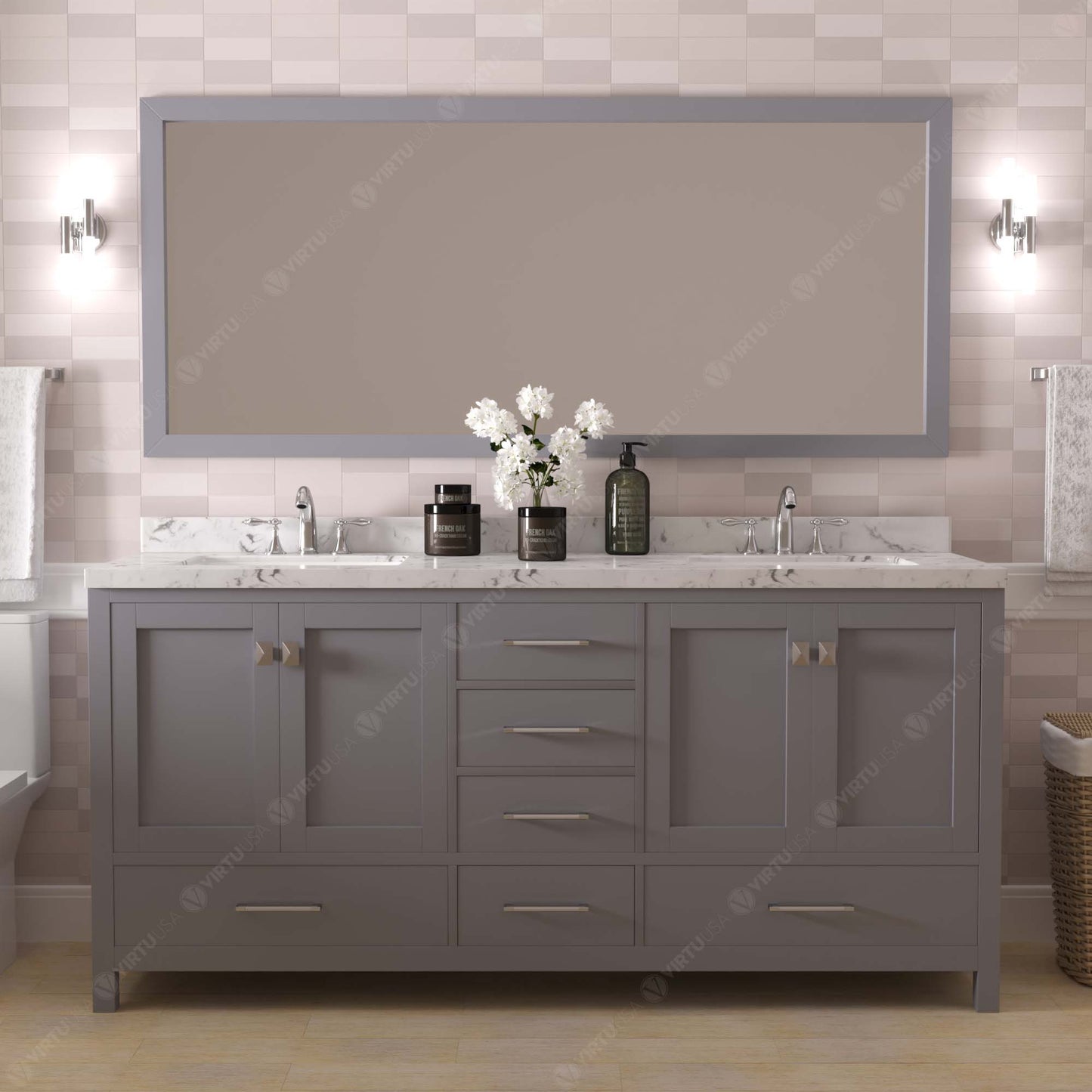 Caroline Avenue 72" Double Bath Vanity in Gray with Cultured Marble Quartz Top and Round Sinks