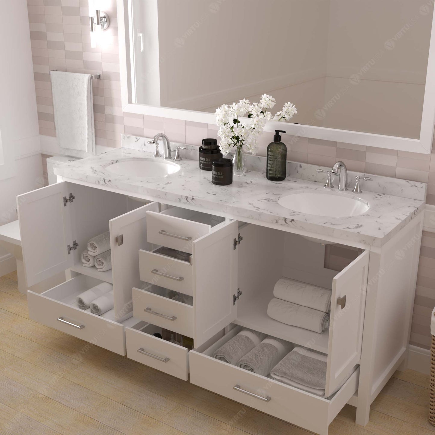 Caroline Avenue 72" Double Bath Vanity in White with Cultured Marble Quartz Top and Round Sinks