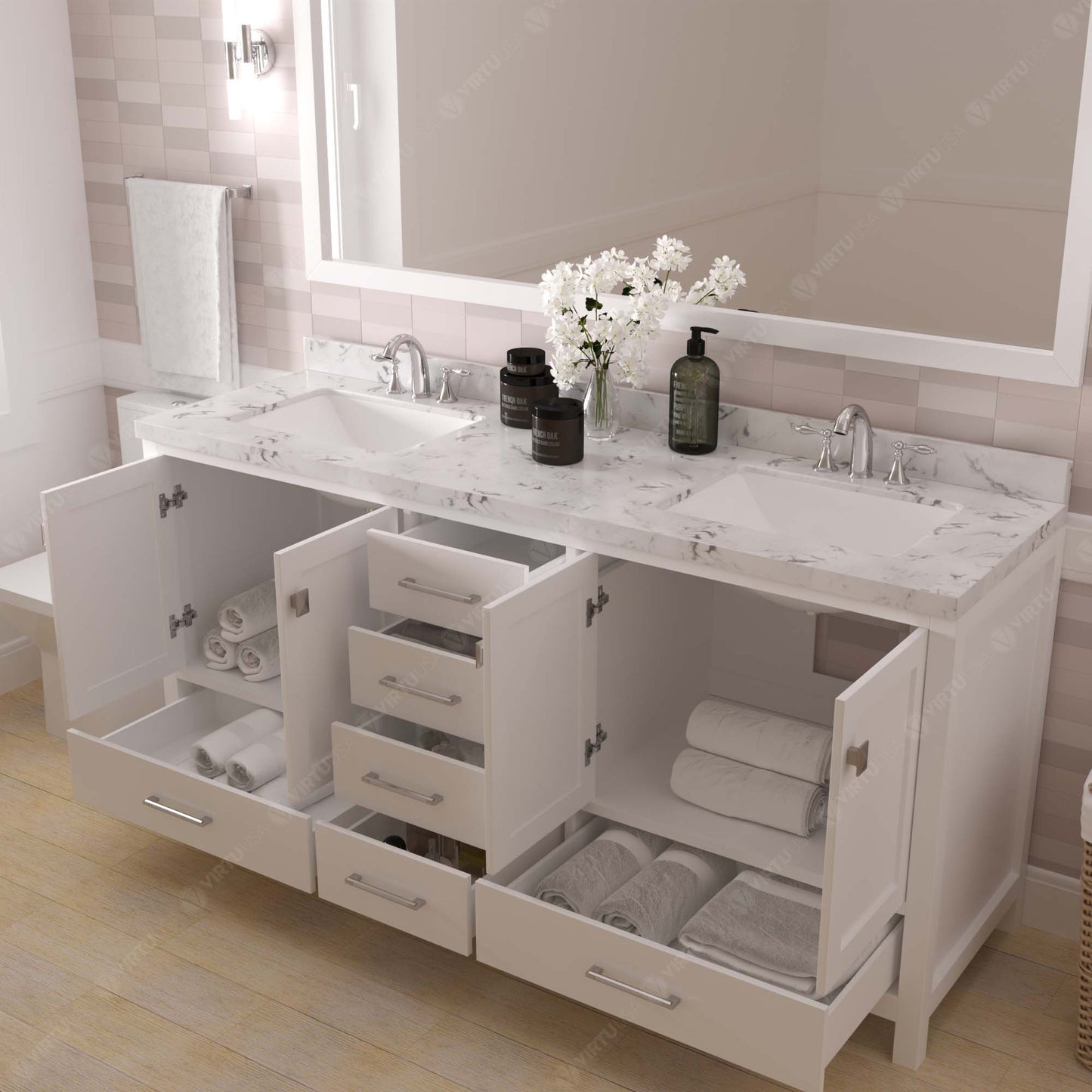 Caroline Avenue 72" Double Bath Vanity in White with Cultured Marble Quartz Top and Square Sinks