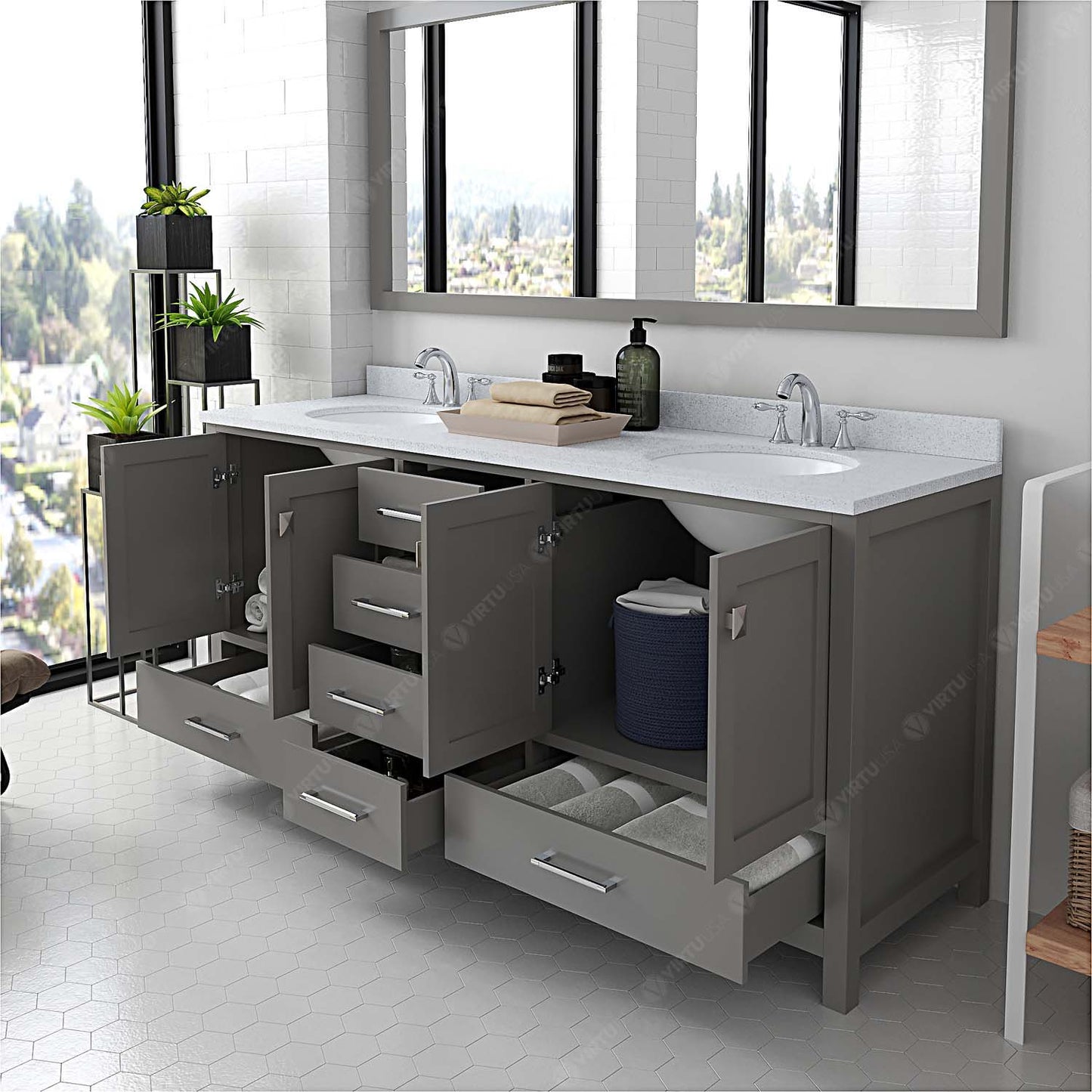 Caroline Avenue 72" Double Bath Vanity in Gray with White Quartz Top and Round Sinks