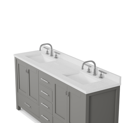 Caroline Avenue 72" Double Bath Vanity in Gray with White Quartz Top and Square Sinks