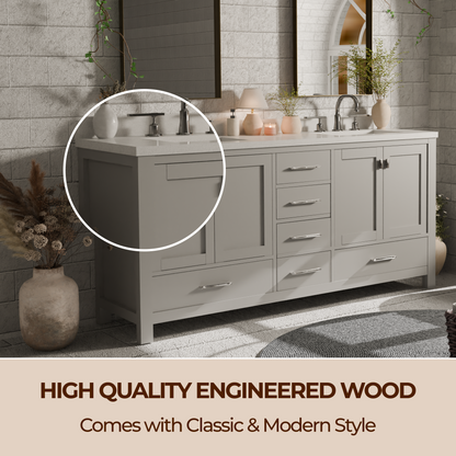 Caroline Avenue 72" Double Bath Vanity in Gray with White Quartz Top and Square Sinks