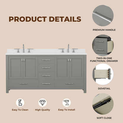 Caroline Avenue 72" Double Bath Vanity in Gray with White Quartz Top and Square Sinks