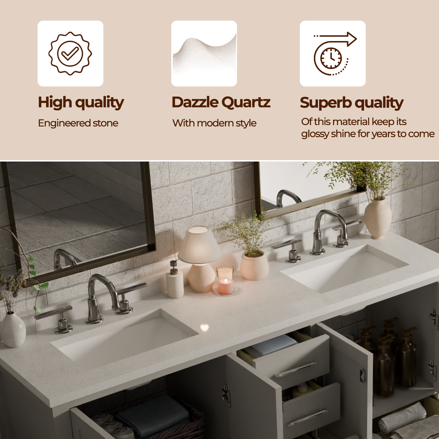 Caroline Avenue 72" Double Bath Vanity in Gray with White Quartz Top and Square Sinks