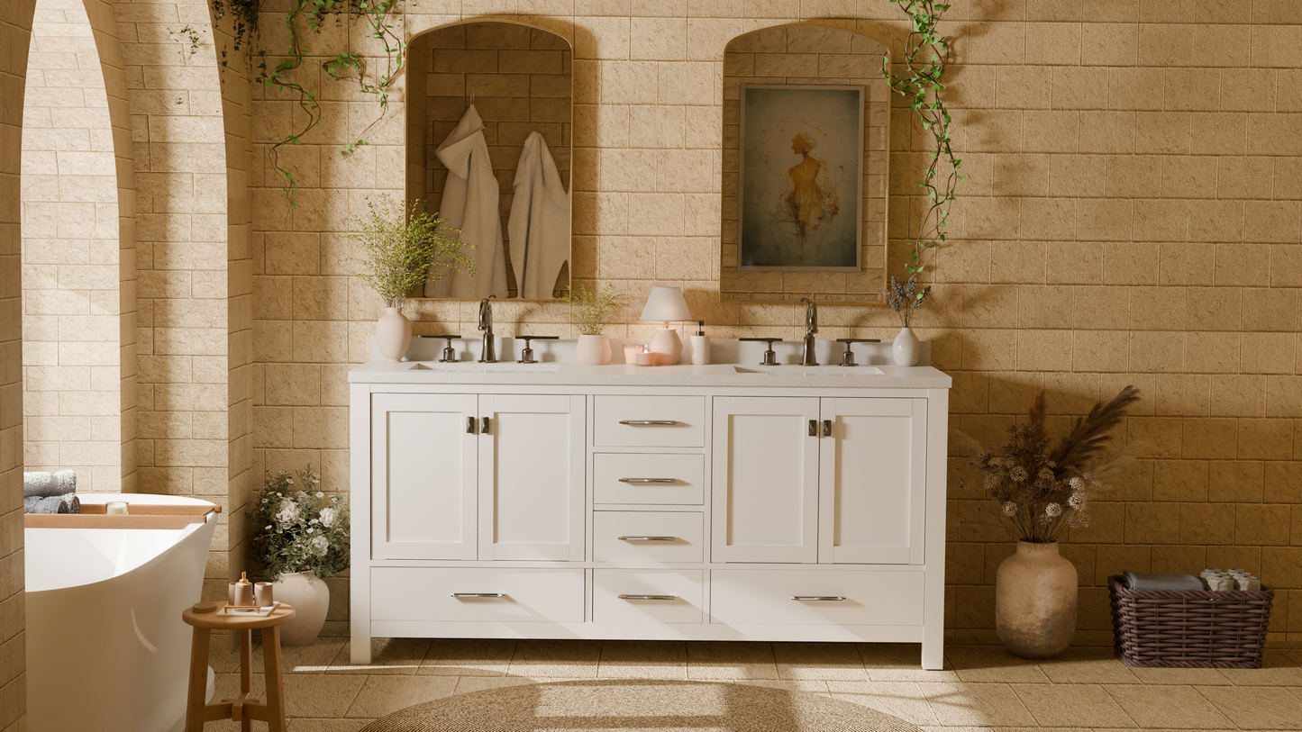 Caroline Avenue 72" Double Bath Vanity in White with White Quartz Top and Square Sinks