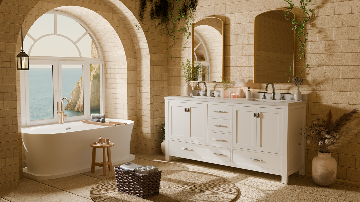 Caroline Avenue 72" Double Bath Vanity in White with White Quartz Top and Square Sinks