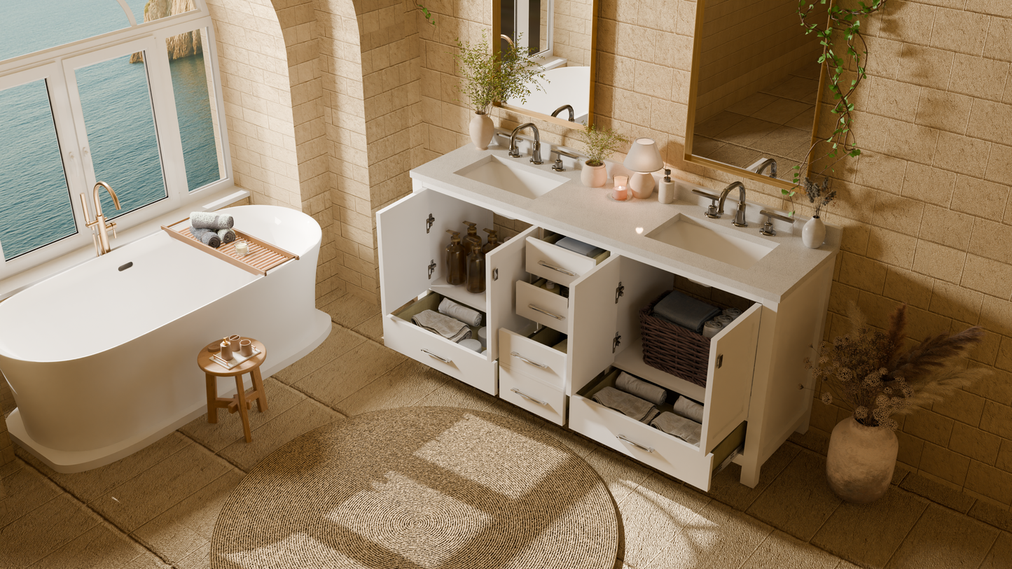 Caroline Avenue 72" Double Bath Vanity in White with White Quartz Top and Square Sinks