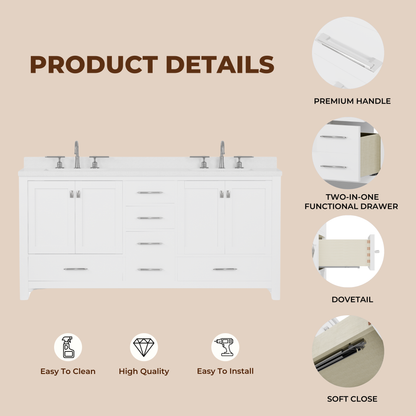 Caroline Avenue 72" Double Bath Vanity in White with White Quartz Top and Square Sinks