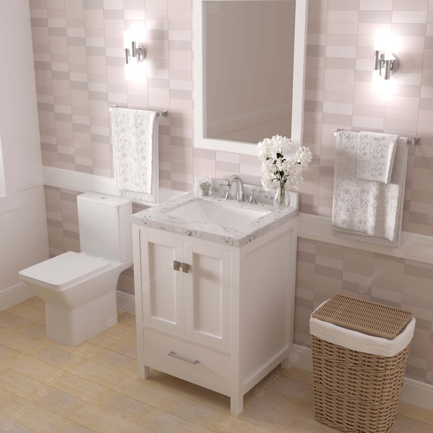 Caroline Avenue 24" Single Bath Vanity in White with Cultured Marble Quartz Top and Square Sink