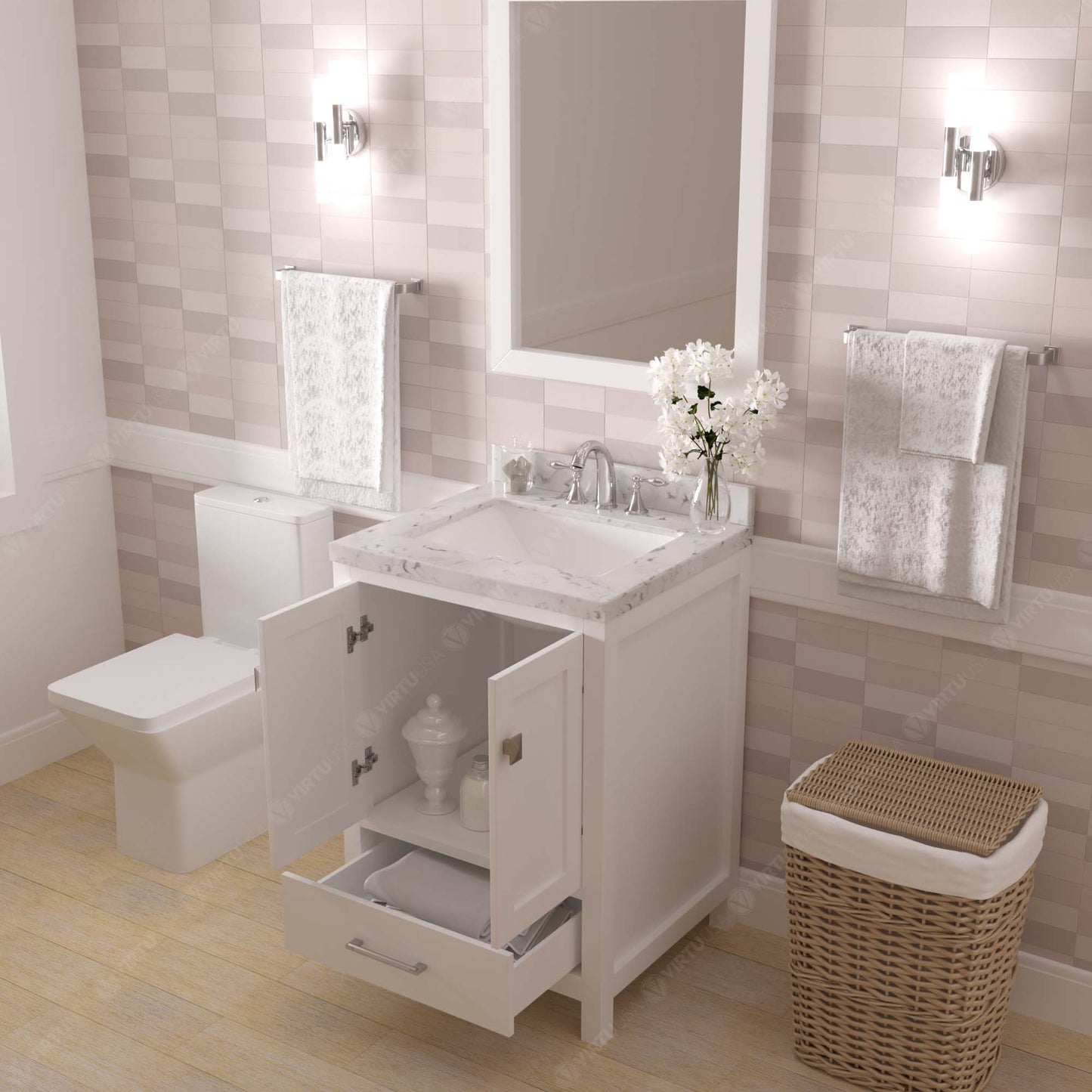 Caroline Avenue 24" Single Bath Vanity in White with Cultured Marble Quartz Top and Square Sink