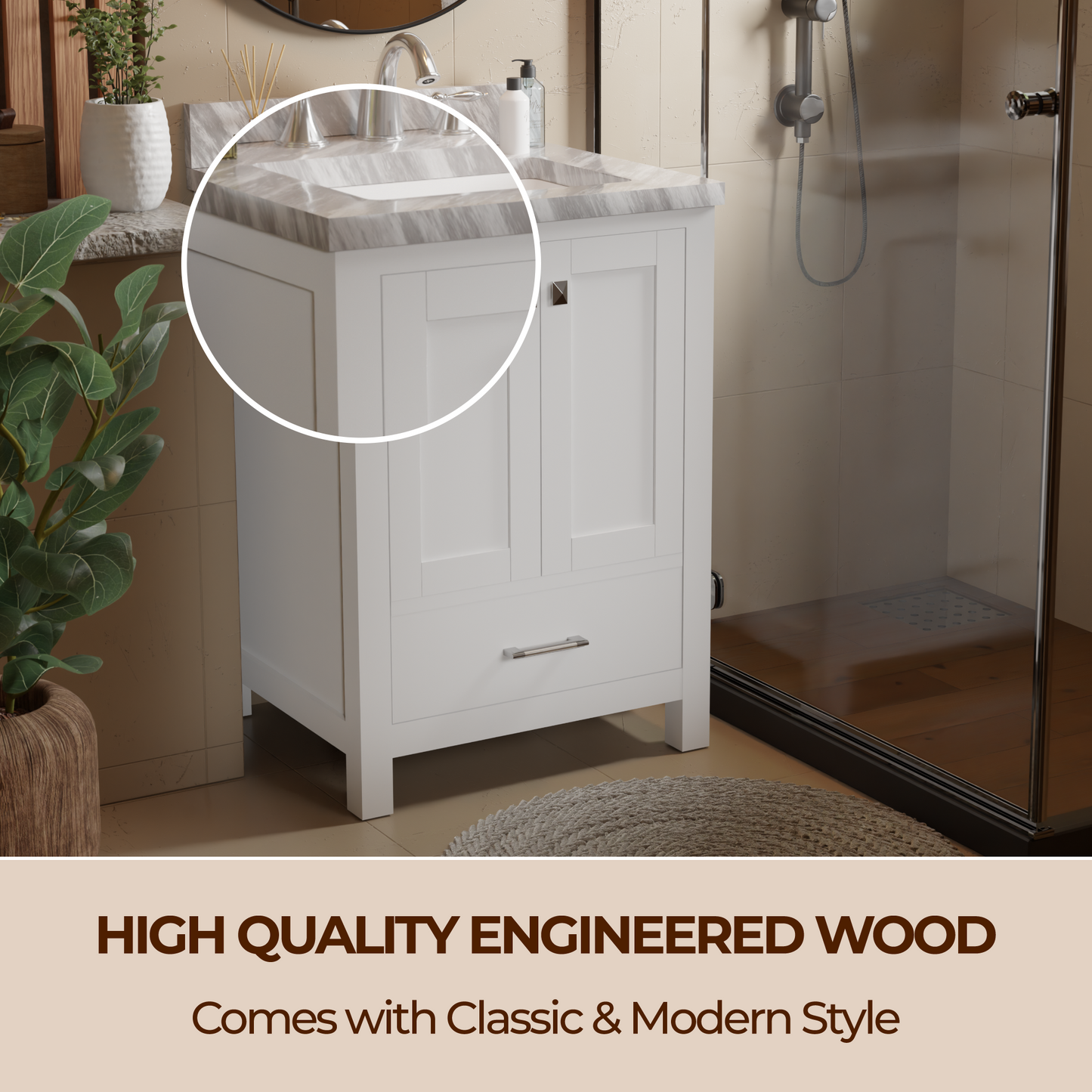 Caroline Avenue 24" Single Bath Vanity in White with White Marble Top and Square Sink