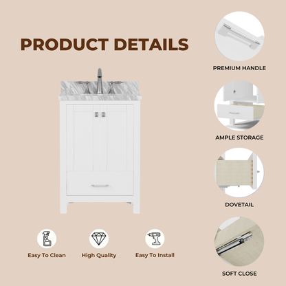 Caroline Avenue 24" Single Bath Vanity in White with White Marble Top and Square Sink