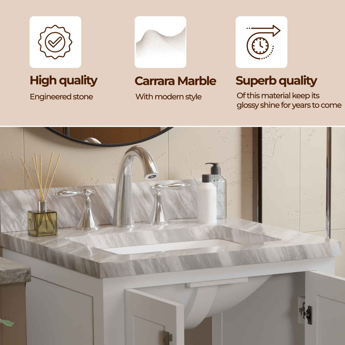 Caroline Avenue 24" Single Bath Vanity in White with White Marble Top and Square Sink