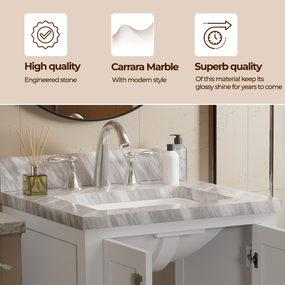 Caroline Avenue 24" Single Bath Vanity in White with White Marble Top and Square Sink