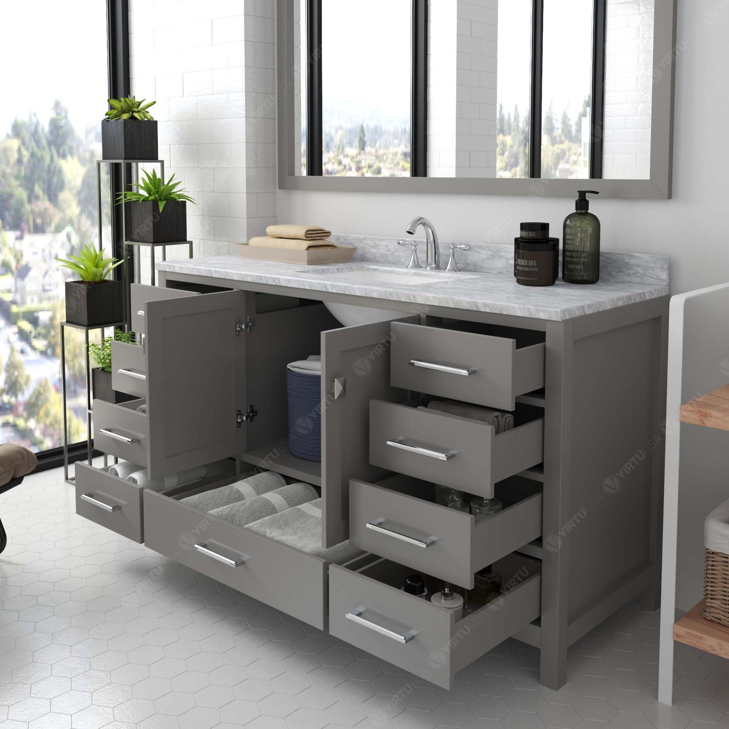 Caroline Avenue 60" Single Bath Vanity in Gray with White Marble Top and Square Sink