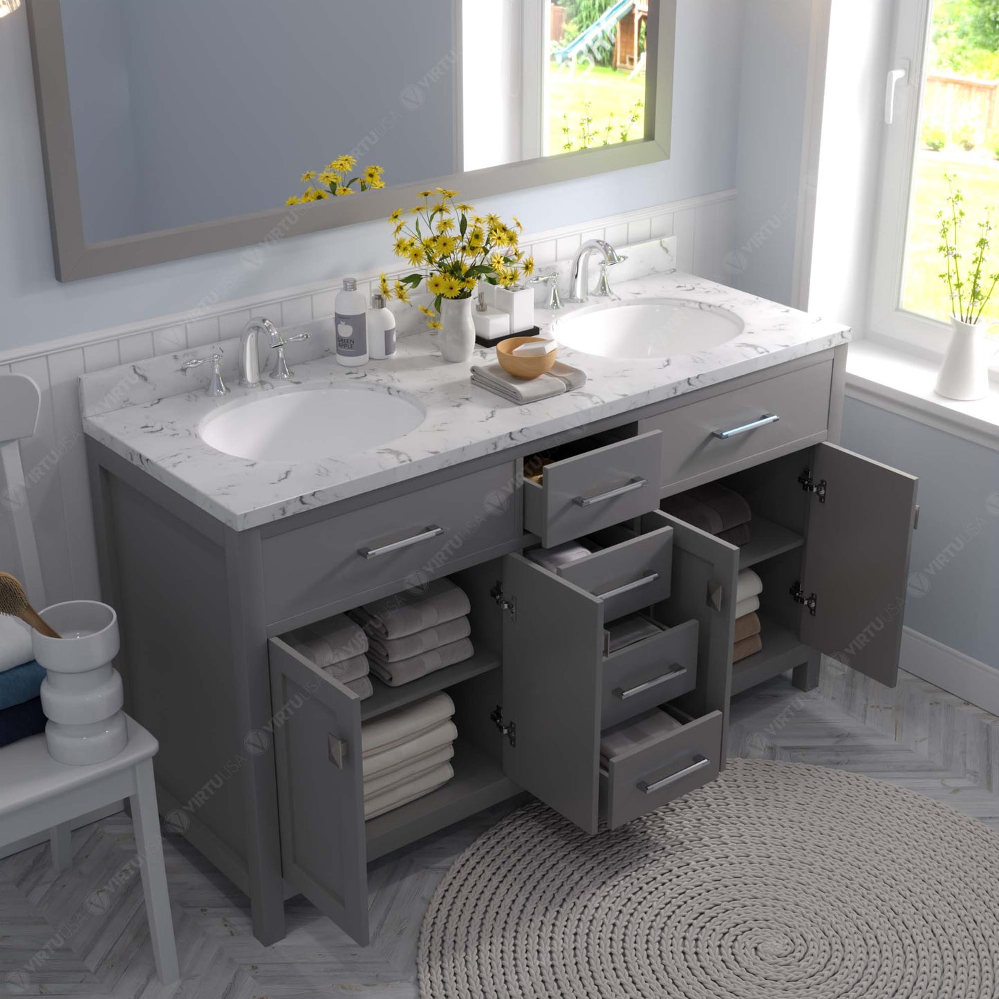 Caroline 60" Double Bath Vanity in Gray with Cultured Marble Quartz Top and Round Sinks