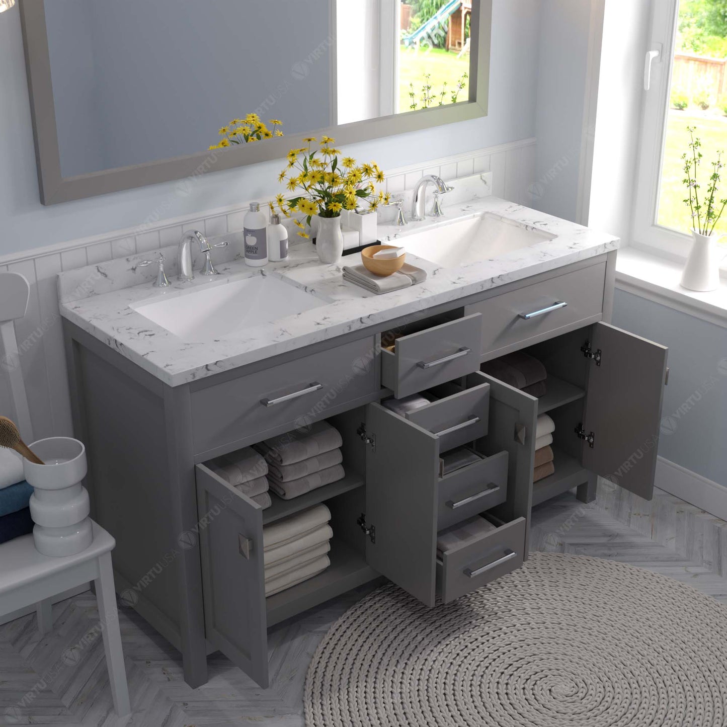 Caroline 60" Single Bath Vanity in Gray with Cultured Marble Quartz Top and Square Sink