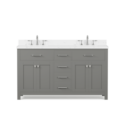 Caroline 60" Double Bath Vanity in Gray with Cultured Marble Quartz Top and Square Sinks