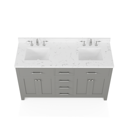 Caroline 60" Double Bath Vanity in Gray with Cultured Marble Quartz Top and Square Sinks