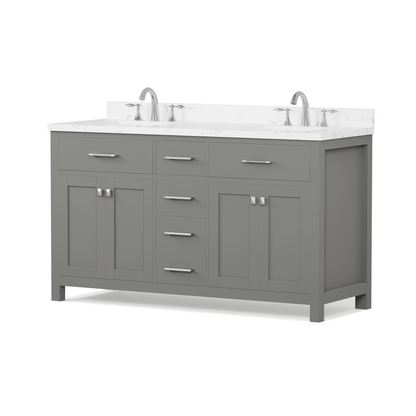 Caroline 60" Double Bath Vanity in Gray with Cultured Marble Quartz Top and Square Sinks